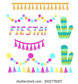 Fiesta lettering. Party supplies. 
Cactus party decoration set. Tassels pom poms borders.  Vector illustration