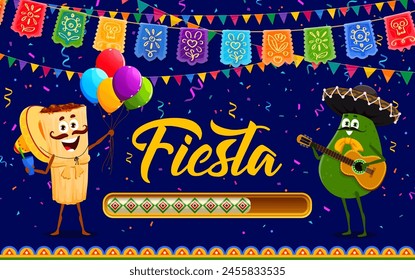 Fiesta Loading Bar mit Tex Mex Food Figuren auf mexikanischen Feiertag Karneval, Vektorgrafik Banner. Fiesta Party Ladebar, Avocado Mariachi mit Gitarre und Tamale in Sombrero mit Papel Picado Fahnen