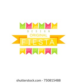 Fiesta logo original design, colorful label with flags and ribbon for a holiday or festival vector Illustration on a white background