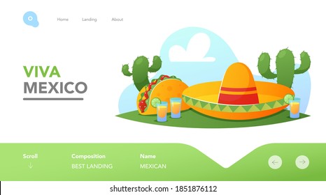 Fiesta, Mexican Party Landing Page Template. Traditional Sombrero Hat, Tequila in Glass Shots with Lime, Tacos and Cacti. Cinco De Mayo Symbols, Headwear, Food, Drink. Cartoon Vector Illustration