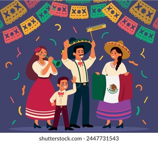 Fiesta Mexico, vector Mexican family celebrating with flag, rattle and trumpet