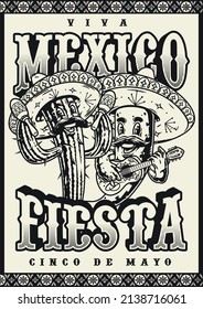 Fiesta monochrome vintage vertical poster with thorny cactus in sombrero shaking maracas, chili pepper with mustache playing guitar, vector illustration