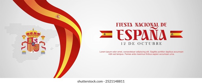 Banner de Ilustração Vetorial Fiesta Nacional De Espana 2024. Bandeira de saudação do Dia Nacional da Espanha, 12 de outubro de 2024, com Bandeira de Fita 3D, Emblema Nacional e Mapa Pontilhado. 