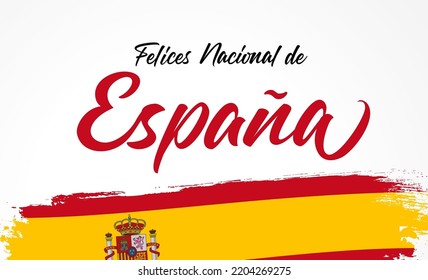 Fiesta Nacional de Espana banner, translated - National Day of Spain, October 12. Waving Spain flag and calligraphy isolated on white background. Vector Illustration