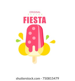 Fiesta original logo design, label with pink ice cream for a holiday or festival vector Illustration on a white background