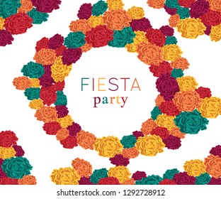  Fiesta party. Festive background with paper flowers. Design template for invitation, greeting card, banner, print. Colorful decorations. Vector illustration