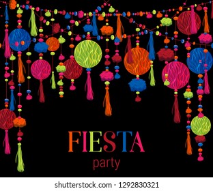 Fiesta party. Festive background with paper honeycomb, pompons, tassels, beads, garland. Design template for invitation, greeting card, banner, print. Colorful decorations. Vector illustration