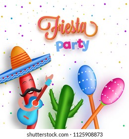 Fiesta Party flyer or banner design with cartoon character of chilli wearing sombrero hat and holding guitar on abstract white background.