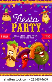 Fiesta party flyer, cartoon mexican food characters. Vector poster with burrito, jalapeno, nachos and avocado personages in traditional sombrero hats playing maracas. Cinco de Mayo holiday celebration