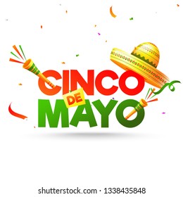 Fiesta party flyer or or poster design for Cinco De Mayo celebration with sombrero hat and confetti decoration on white background.