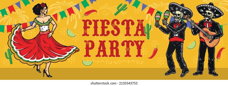 Fiesta party horizontal vintage banner with dancing woman in long dress, skeleton musicians in charro outfits playing maracas and guitar against yellow background with flag garlands, vector