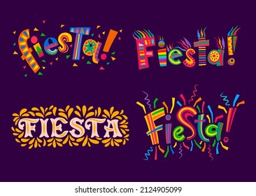Fiesta party Mexican, Spanish and Latin holiday carnival. Vector bright color festive lettering with latino ornaments of ethnic geometric pattern and colorful leaves motif, confetti, gold foliage