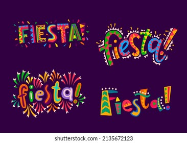 Fiesta Party. Mexican, Spanish And Latin Holiday Carnival Vector Banner. Fiesta Lettering Of Bright Color Letters With Ethnic Mexican Ornaments, Colorful Geometric Letters And Confetti