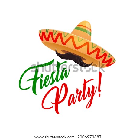 Fiesta party, Mexican vector sombrero with mustaches. Mexican holiday, music festival or carnival invitation with black moustaches and sombrero hat, decorated of ethnic ornaments
