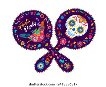 Fiesta party poster with Mexican maracas and skull calavera for holiday vector background. Mexican fiesta banner with chili and jalapeno peppers, cactus and flowers or skeleton bones pattern ornament