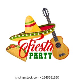 Icono vectorial del partido Fiesta con los símbolos tradicionales mexicanos sombrero sombrero sombrero sombrero sombrero sombrero sombrero sombrero mexicano, guitarra y tacos. Cartel aislado para la celebración del Cinco de Mayo. Evento latino, emblema de la fiesta mexicana