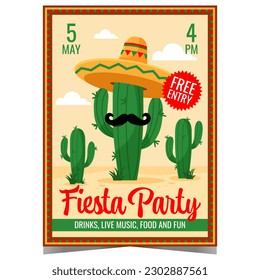 Fiesta party vector illustration design with a cactus in sombrero on background. Invitation card, promo banner or poster for traditional folk festival or carnival in Latin America, Spain and Mexico.