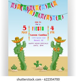 Fiesta poster template with smiling cacti in sombreros. Text customized for party invitation. Colorful flags and desert mexican landscape. Flat style vector illustration.