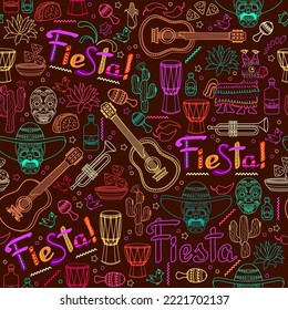 Fiesta seamless pattern. Mexican colorful outline symbols on brown. Vector.