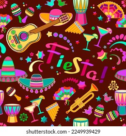 Fiesta seamless pattern. Mexican colorful flat symbols on brown. Vector.