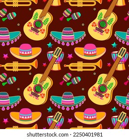 Fiesta seamless pattern. Mexican holiday music, colorful symbols. Vector illustration.