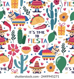 Fiesta seamless vector pattern. Mexican holiday symbols - man in sombrero, colorful pinata, cactus, flowers, balloons, spicy taco. Festive carnival, celebrating Cinco de Mayo. Flat cartoon background