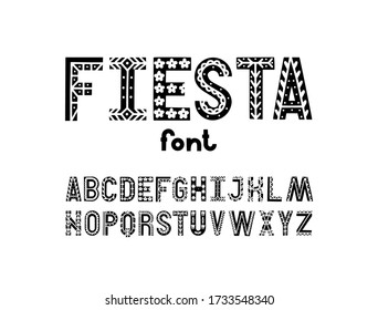 Fiesta style artistic abc. Hand drawn ethnic alphabet. Vector letters with decorative elements. Display latin type font set isolated. For Spanish and Mexican festival, holidays and carnivals designs.