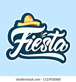 Fiesta text in lettering style. Sticker with hat and gradient. Vector illustration design. 