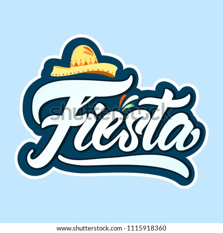 Fiesta text in lettering style. Sticker with hat and gradient. Vector illustration design. 