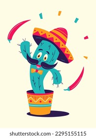 Fiesta vector banner with cactus in sombrero and chilie peper.  Mexican mascot. Cinco de Mayo, May 5, federal holiday in Mexico. Mexican food, cafe, restaurant, food track. Poster, invitation, card