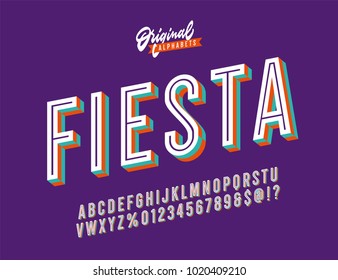 "Fiesta" Vintage 3D Inline Condensed Alphabet with Funky Bright Colors. Nostalgic Old School Retro Typography. Vector Illustration.