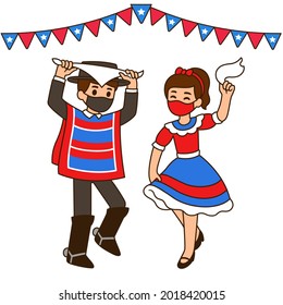 Fiestas Patrias 2021, Chilean national holiday. Cute cartoon children dancing Cueca in face masks due to Covid. Vector illustration.