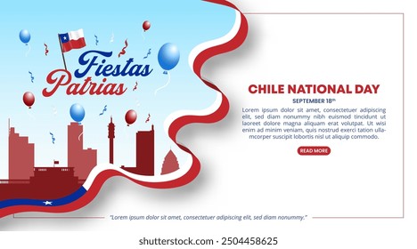 Fiestas Patrias Chile or Chile National Day background with waving flag and buildings