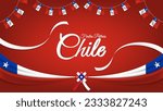 Fiestas Patrias Chile or Chile National Holiday Celebration Greeting with Ribbons, and Wavy Flags