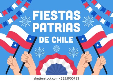 ilustración de las fiestas patrias de chile con las manos sosteniendo banderas. Traducción: Fiesta nacional de Chile