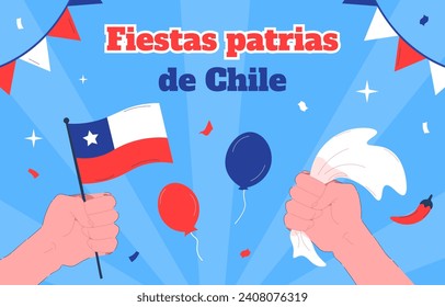 Fiestas patrias de Chile. Traditional holiday and festival. Independence and freedom, patriotism. Hand with flag of Chile and colorful air balloons. Cartoon flat vector illustration