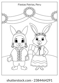 Fiestas Patrias Holiday Celebrations in Peru with cute rabbits coloring page for kids