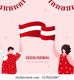 Fiestas Patrias Unabhängigkeitstag Konzept mit Cartoon Man und Frauen, die Peru-Flagge auf pastellrosa Hintergrund.