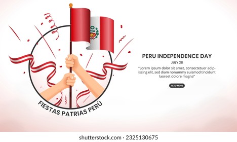 Fiestas Patrias Perú oder Nationalfeiertag Peru mit Händen, die eine Flagge führen