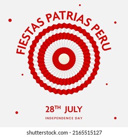 Fiestas Patrias Peru Schriftart mit peruanischem Flag Papier Abzeichen auf weißem Hintergrund für den 28. Juli Unabhängigkeitstag.