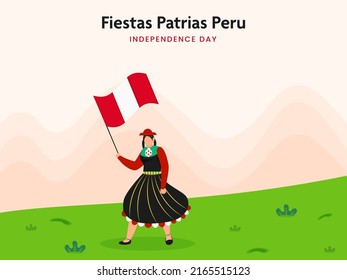 Fiestas Patrias Peru Independence Day Concept, Peruvian Woman Wearing Traditional Dress With Holded National Flag On Peach And Green Background.