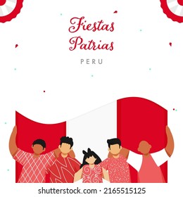 Fiestas Patrias Peru Poster Design With Faceless People Holding Peruvian Flag On White Background.