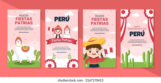 Fiestas Patrias Peru Stories Template Social Media Flat Cartoon Background Vector Illustration