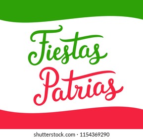 Fiestas Patrias, spanish for Independence Day, national holiday of Mexico. Hand drawn text lettering celebration banner with Mexican flag colors.