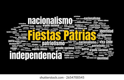 Fiestas Patrias Word Cloud Featuring Keywords About Independence, Heritage, Patriotism, and National Pride. Ideal design for social media, cover, banner, flyer, ads.