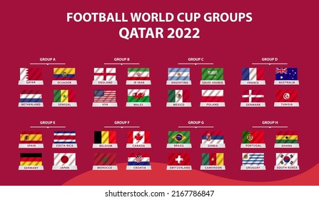 Copa Mundial de la FIFA. Copa Mundial 2022. Coincidir con la plantilla de programación. Tabla de resultados de fútbol, banderas de países del mundo. Ilustración del vector