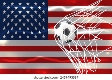 Red de goles de fútbol aislada en la ondulada bandera de Estados Unidos, copa del mundo 2026, Ilustración vectorial 3d