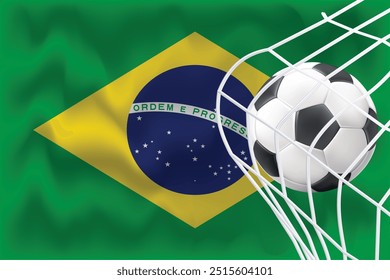 Copa Mundial de la FIFA, Brasil Bandera 3D con futbol y red blanca, Archivo de Vector editable para redes sociales, Bandera de Brasil con 3D