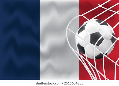 Copa del mundo de la FIFA, bandera de Francia en 3D con balompié y red blanca, archivo de Vector editable para redes sociales, bandera de Francia con 3D