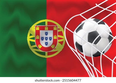 Copa del mundo de la FIFA, bandera de Portugal 3D con fútbol y red blanca, archivo de Vector editable para la plataforma de redes sociales, bandera de Portugal con 3D